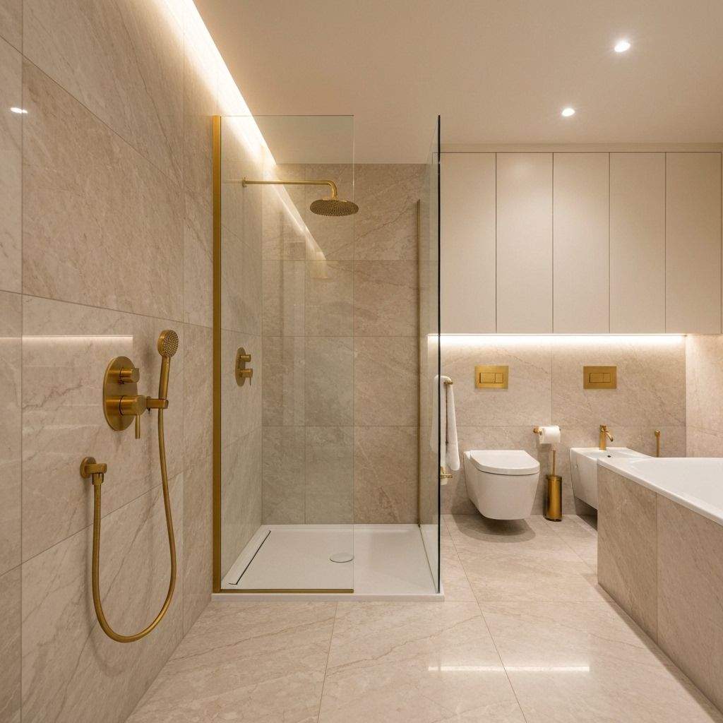 Modern luxury bathroom renovation with marble tiles, gold fixtures, and contemporary design by PaintPower professional remodeling services
